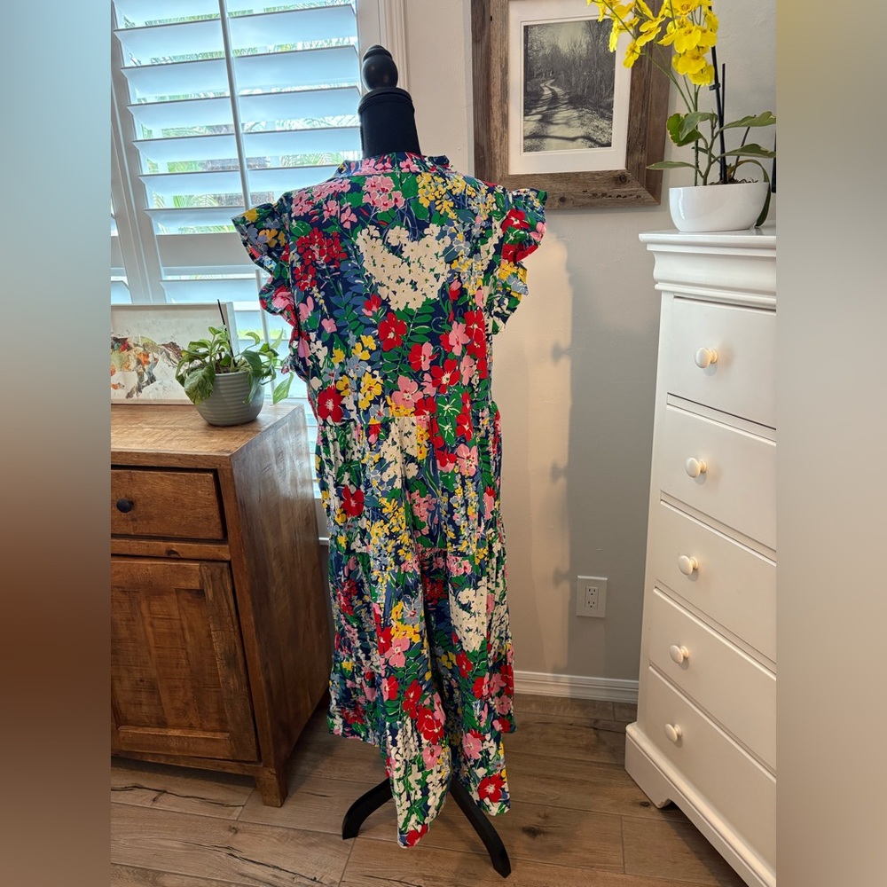 Floral V-Neck Ruffle Sleeve Midi Dress - Blue Multi - Picture 4 of 11